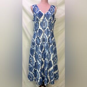 Jones New York Blue White Abstract Watercolor Midi Sundress 100% Cotton Size 10